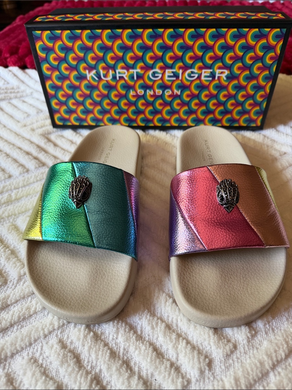 Kurt Geiger Metallic Rainbow Slide Sandals - Green, Blue, Pink, Gold, Purple